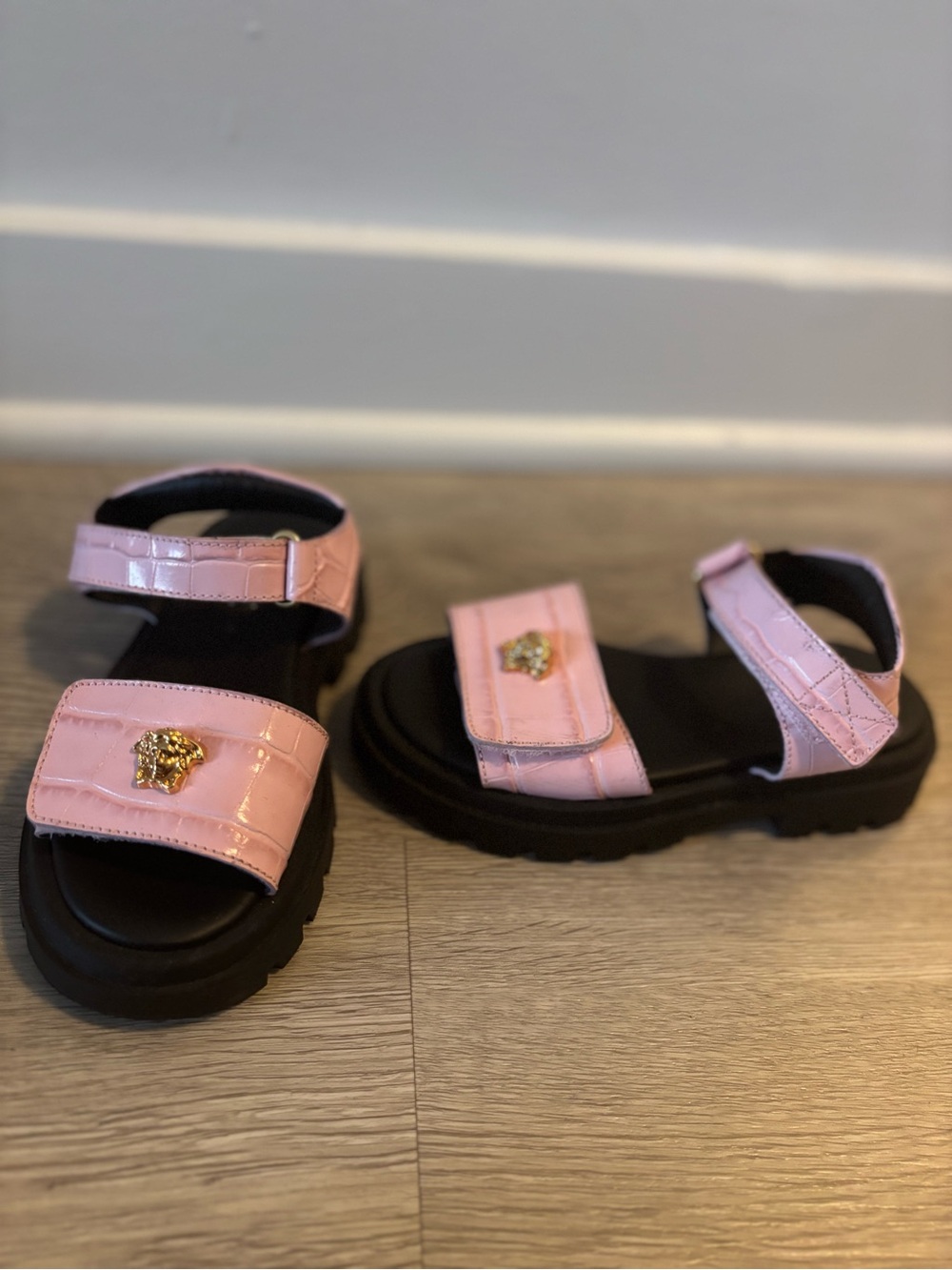 Versace Pink Faux-Croc Kids Sandals with Gold Medusa
